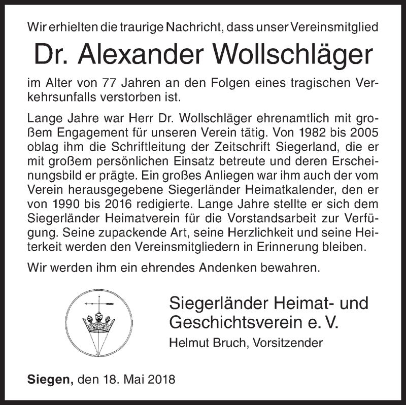 Traueranzeige für Alexander Wollschläger vom 18.05.2018 aus Siegener Zeitung