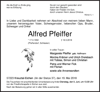 Traueranzeige von Alfred Pfeiffer von Siegener Zeitung