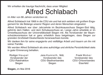 Traueranzeige von Alfred Schlabach von Siegener Zeitung