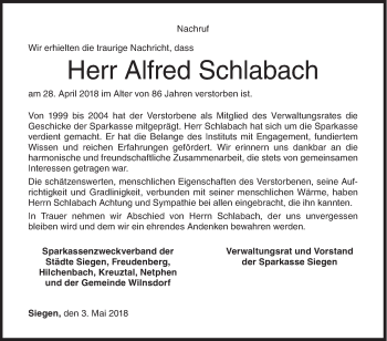 Traueranzeige von Alfred Schlabach von Siegener Zeitung