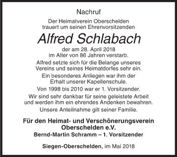 Traueranzeige von Alfred Schlabach von Siegener Zeitung