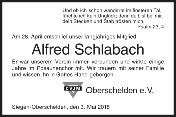 Traueranzeige von Alfred Schlabach von Siegener Zeitung