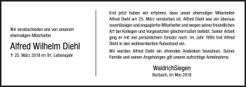 Traueranzeige von Alfred Wilhelm Diehl von Siegener Zeitung