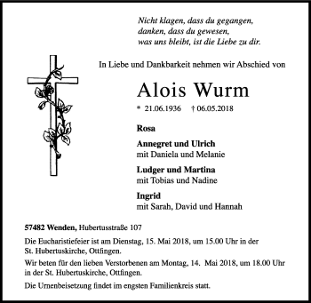 Traueranzeige von Alois Wurm von Siegener Zeitung