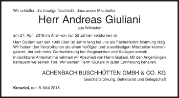 Traueranzeige von Andreas Giuliani von Siegener Zeitung