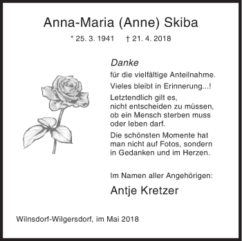 Traueranzeige von Anna-Maria Skiba von Siegener Zeitung