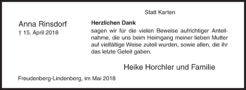 Traueranzeige von Anna Rinsdorf von Siegener Zeitung