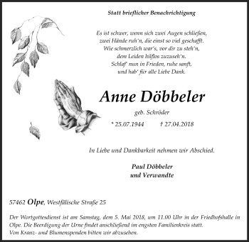 Traueranzeige von Anne Döbbeler von Siegener Zeitung