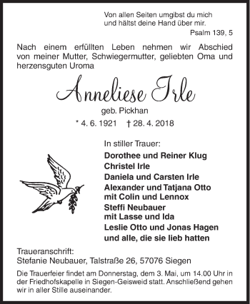 Traueranzeige von Anneliese Irle von Siegener Zeitung