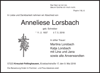 Traueranzeige von Anneliese Lorsbach von Siegener Zeitung