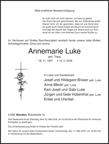 Traueranzeige von Annemarie Luke von Siegener Zeitung