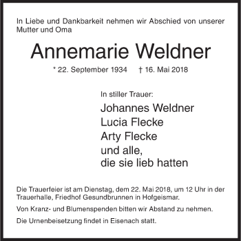 Traueranzeige von Annemarie Weldner von Siegener Zeitung