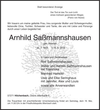 Traueranzeige von Arnhild Saßmannshausen von Siegener Zeitung