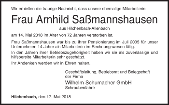 Traueranzeige von Arnhild Saßmannshausen von Siegener Zeitung
