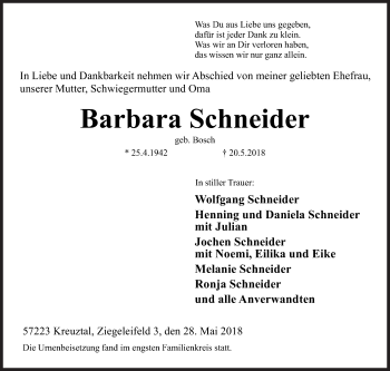 Traueranzeige von Barbara Schneider von Siegener Zeitung
