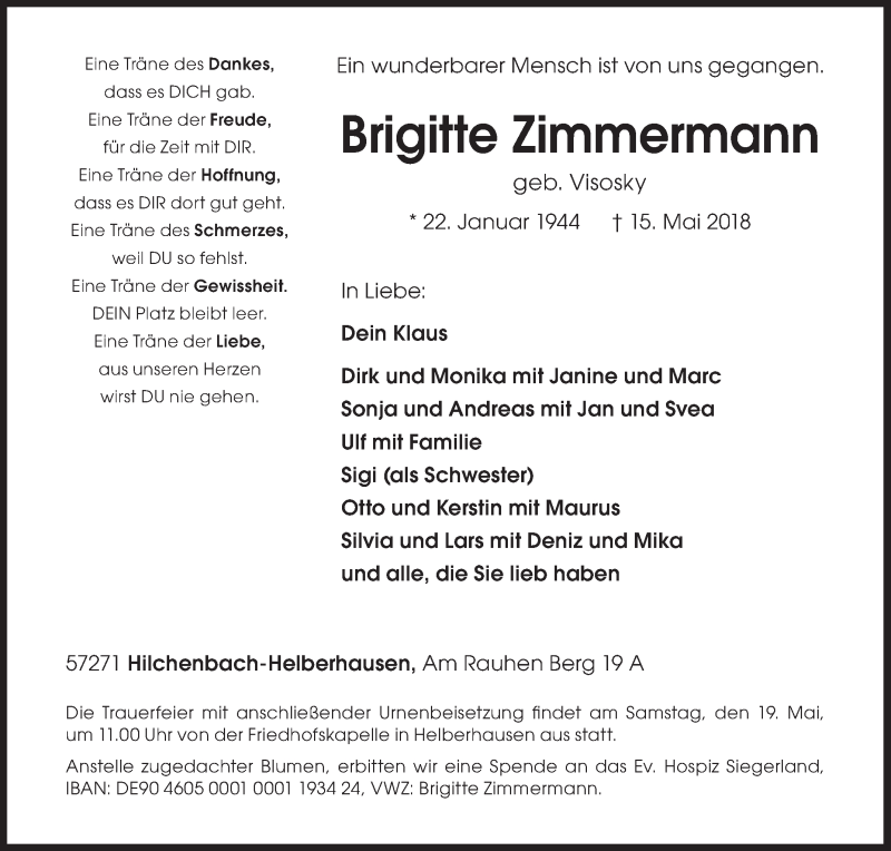  Traueranzeige für Brigitte Zimmermann vom 16.05.2018 aus Siegener Zeitung