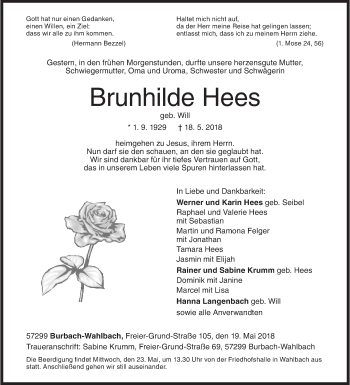 Traueranzeige von Brunhilde Hees von Siegener Zeitung