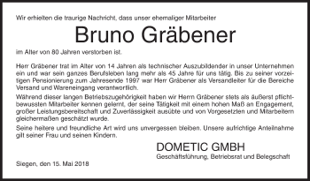 Traueranzeige von Bruno Gräbener von Siegener Zeitung