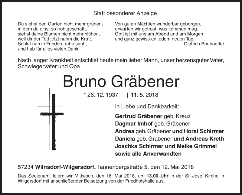  Traueranzeige für Bruno Gräbener vom 12.05.2018 aus Siegener Zeitung