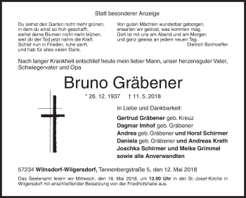 Traueranzeige von Bruno Gräbener von Siegener Zeitung