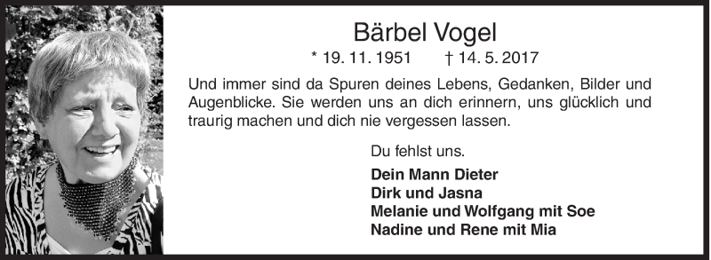  Traueranzeige für Bärbel Vogel vom 14.05.2018 aus Siegener Zeitung