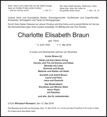 Traueranzeige von Charlotte Elisabeth Braun von Siegener Zeitung