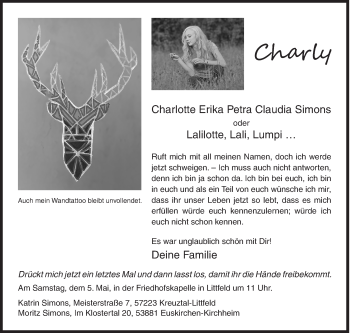 Traueranzeige von Charlotte Erika Petra Claudia Simons von Siegener Zeitung