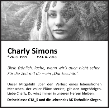 Traueranzeige von Charly Simons von Siegener Zeitung
