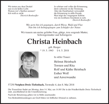 Traueranzeige von Christa Heinbach von Siegener Zeitung
