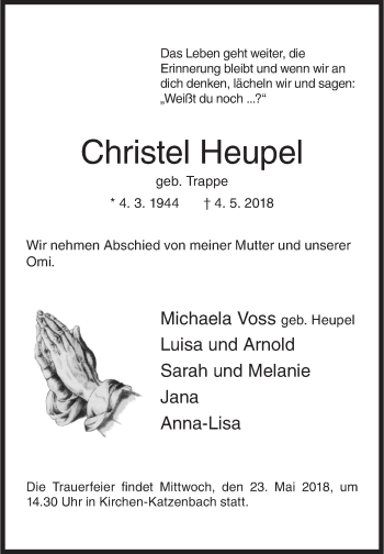 Traueranzeige von Christel Heupel von Siegener Zeitung