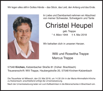 Traueranzeige von Christel Heupel von Siegener Zeitung