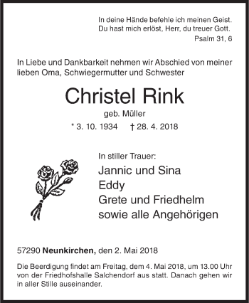 Traueranzeige von Christel Rink von Siegener Zeitung