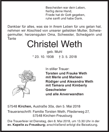 Traueranzeige von Christel Weth von Siegener Zeitung