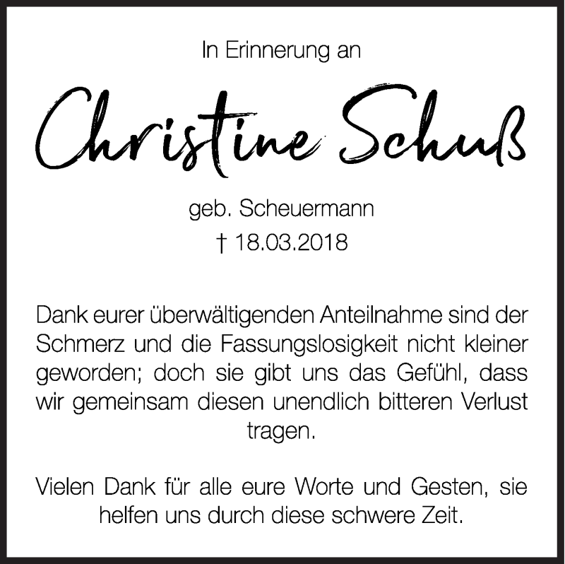  Traueranzeige für Christine Schuß vom 28.05.2018 aus Siegener Zeitung