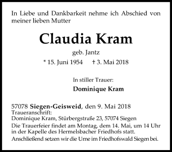 Traueranzeige von Claudia Kram von Siegener Zeitung