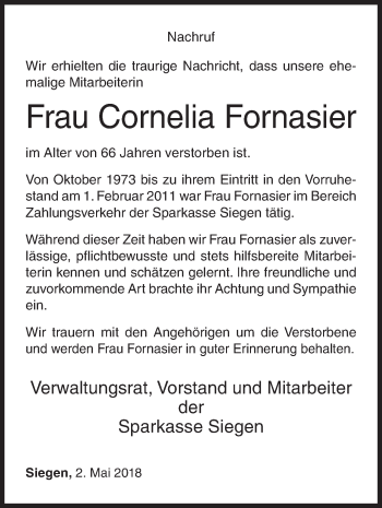 Traueranzeige von Cornelia Fornasier von Siegener Zeitung