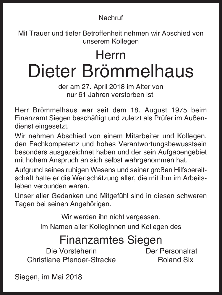  Traueranzeige für Dieter Brömmelhaus vom 05.05.2018 aus Siegener Zeitung