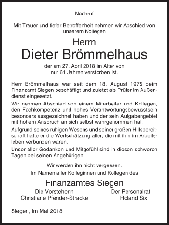 Traueranzeige von Dieter Brömmelhaus von Siegener Zeitung