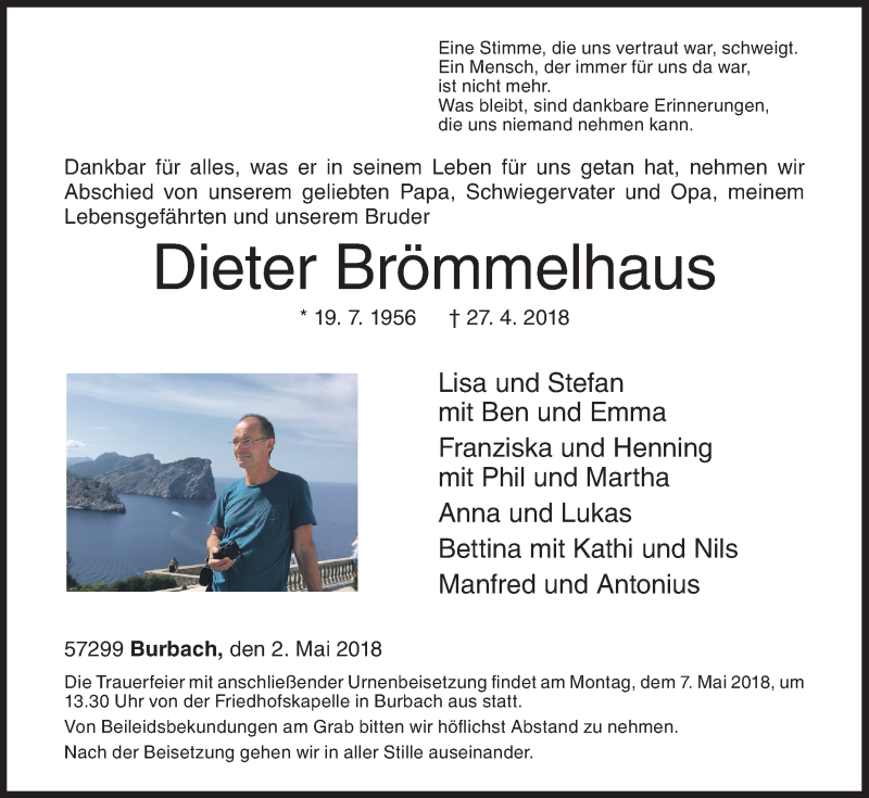  Traueranzeige für Dieter Brömmelhaus vom 02.05.2018 aus Siegener Zeitung