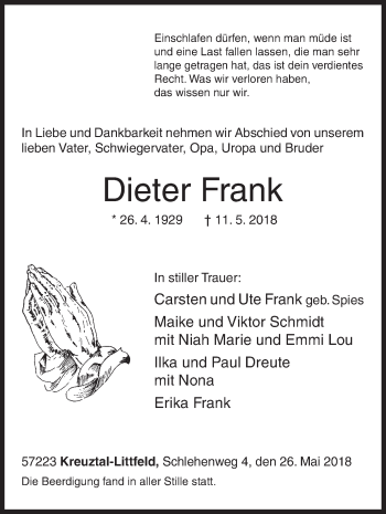 Traueranzeige von Dieter Frank von Siegener Zeitung