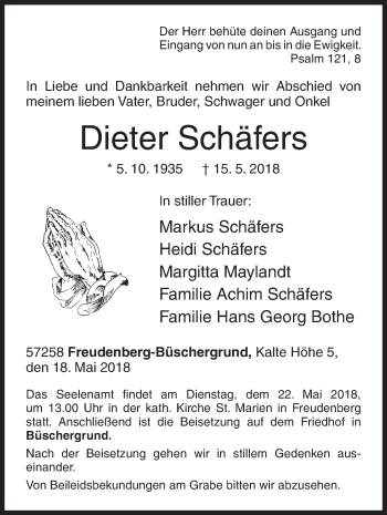 Traueranzeige von Dieter Schäfers von Siegener Zeitung