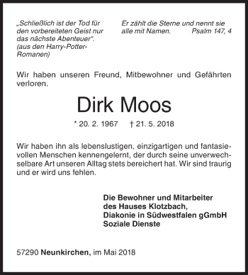 Traueranzeige von Dirk Moos von Siegener Zeitung