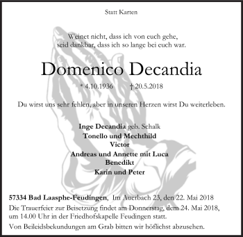 Traueranzeige von Domenico Decandia von Siegener Zeitung