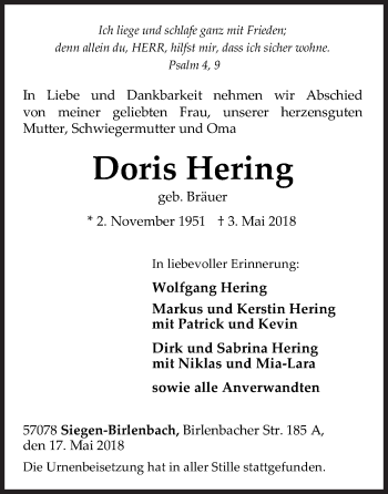 Traueranzeige von Doris Hering von Siegener Zeitung