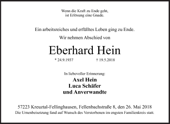 Traueranzeige von Eberhard Hein von Siegener Zeitung