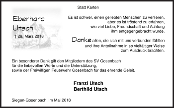 Traueranzeige von Eberhard Utsch von Siegener Zeitung