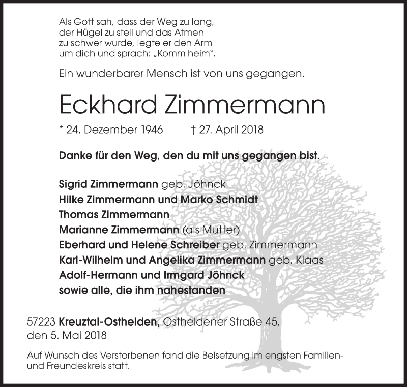  Traueranzeige für Eckhard Zimmermann vom 05.05.2018 aus Siegener Zeitung