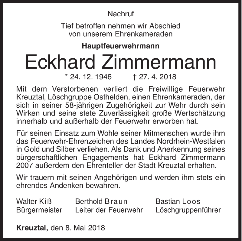  Traueranzeige für Eckhard Zimmermann vom 08.05.2018 aus Siegener Zeitung