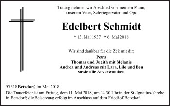 Traueranzeige von Edelbert Schmidt von Siegener Zeitung