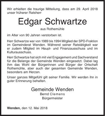 Traueranzeige von Edgar Schwartze von Siegener Zeitung